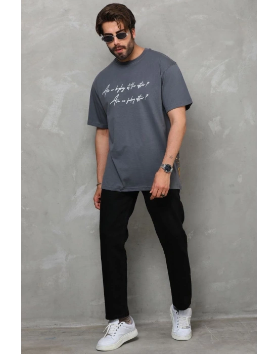 Bisiklet Yaka Baskılı Oversize T-Shirt - Füme