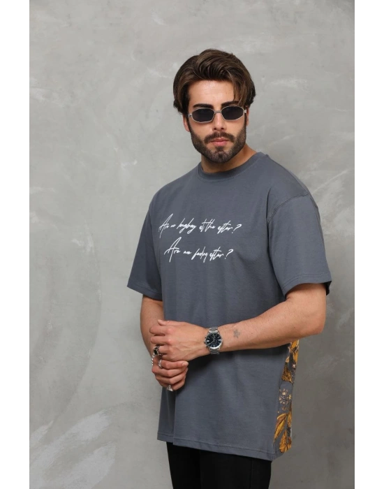 Bisiklet Yaka Baskılı Oversize T-Shirt - Füme