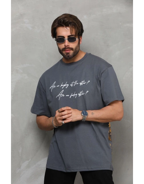 Bisiklet Yaka Baskılı Oversize T-Shirt - Füme