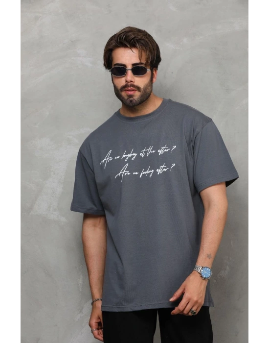 Bisiklet Yaka Baskılı Oversize T-Shirt - Füme