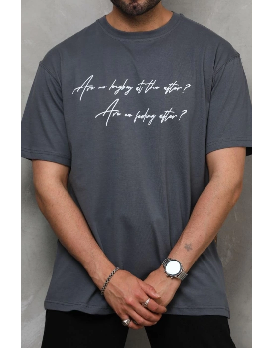 Bisiklet Yaka Baskılı Oversize T-Shirt - Füme