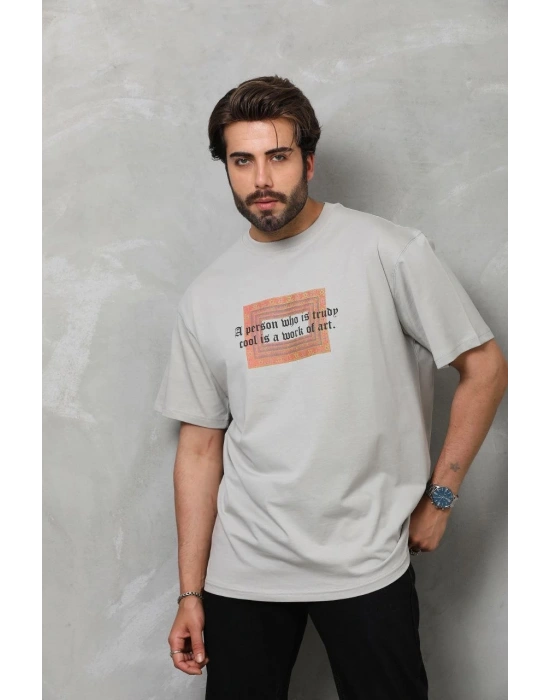 Bisiklet Yaka Baskılı Oversize T-Shirt - Gri -