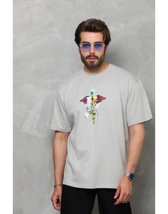 Bisiklet Yaka Baskılı Oversize T-Shirt - Gri -