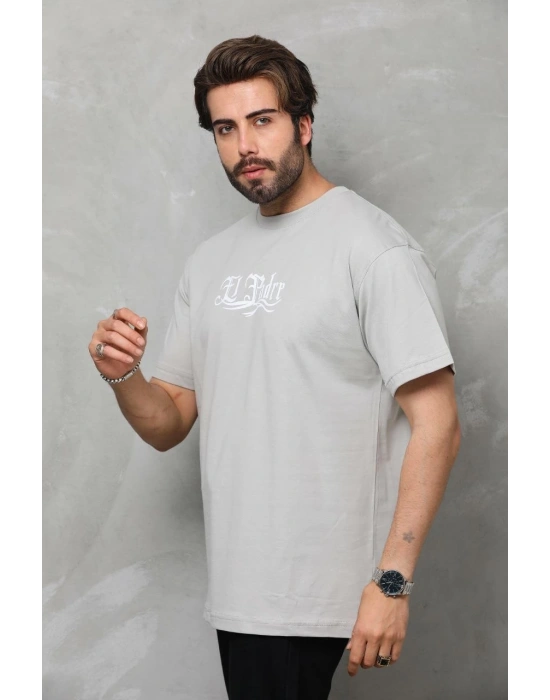 Bisiklet Yaka Baskılı Oversize T-Shirt - Gri -