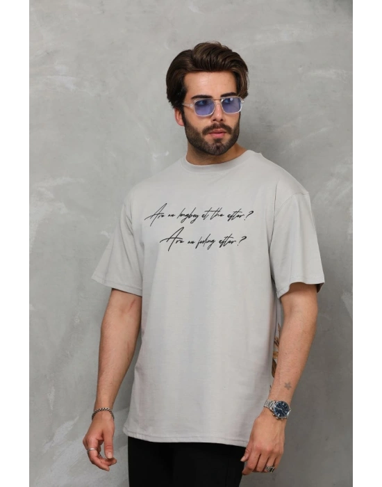 Bisiklet Yaka Baskılı Oversize T-Shirt - Gri