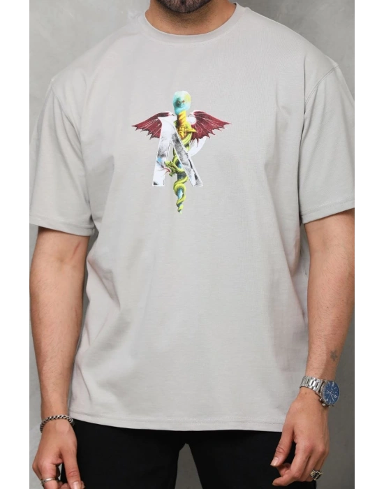 Bisiklet Yaka Baskılı Oversize T-Shirt - Gri -