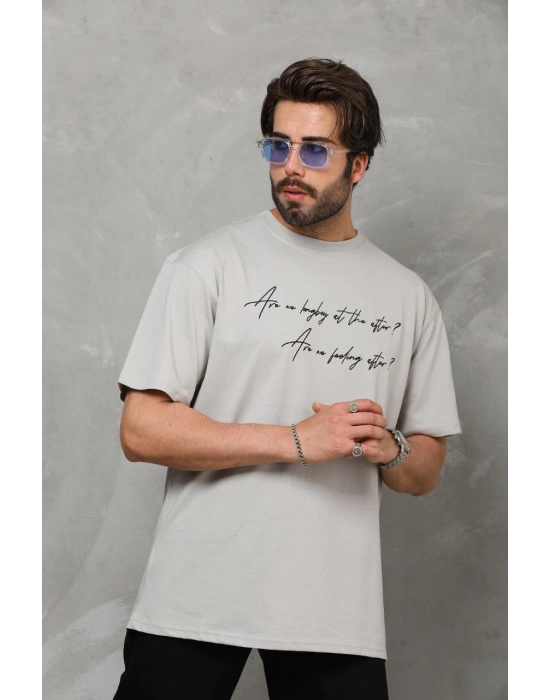Bisiklet Yaka Baskılı Oversize T-Shirt - Gri