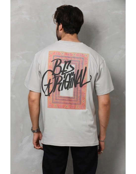 Bisiklet Yaka Baskılı Oversize T-Shirt - Gri -