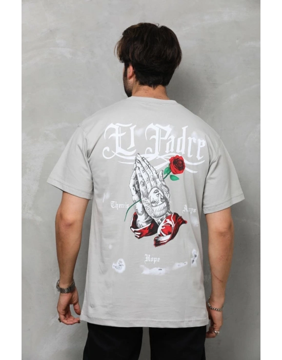 Bisiklet Yaka Baskılı Oversize T-Shirt - Gri -