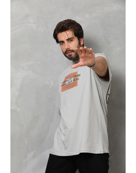 Bisiklet Yaka Baskılı Oversize T-Shirt - Gri -