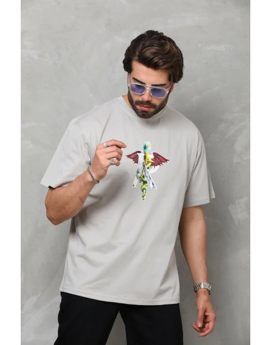 Bisiklet Yaka Baskılı Oversize T-Shirt - Gri -