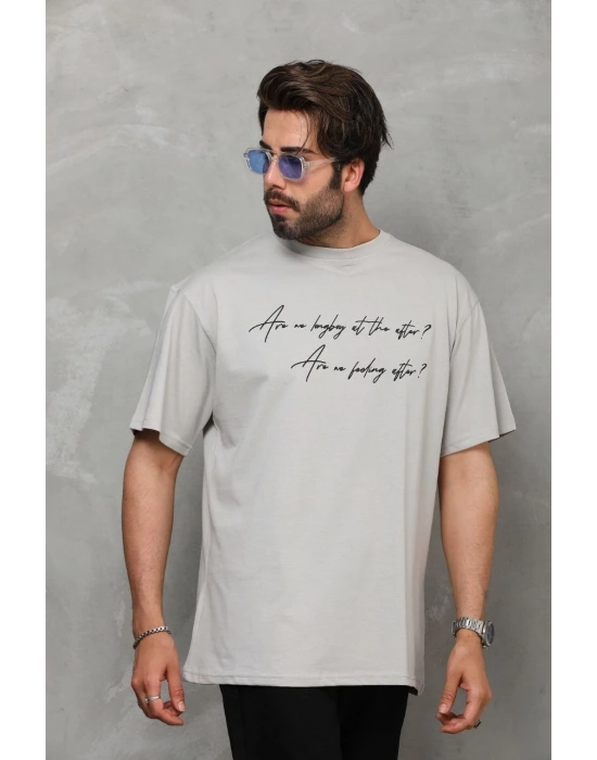 Bisiklet Yaka Baskılı Oversize T-Shirt - Gri