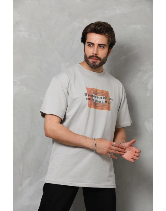 Bisiklet Yaka Baskılı Oversize T-Shirt - Gri -