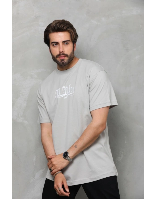 Bisiklet Yaka Baskılı Oversize T-Shirt - Gri -