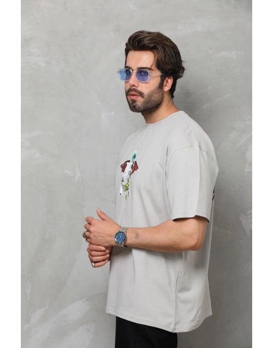 Bisiklet Yaka Baskılı Oversize T-Shirt - Gri -