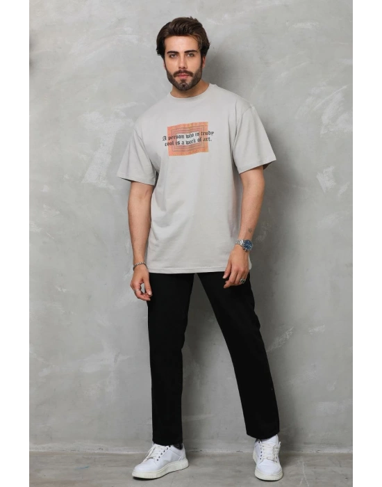 Bisiklet Yaka Baskılı Oversize T-Shirt - Gri -