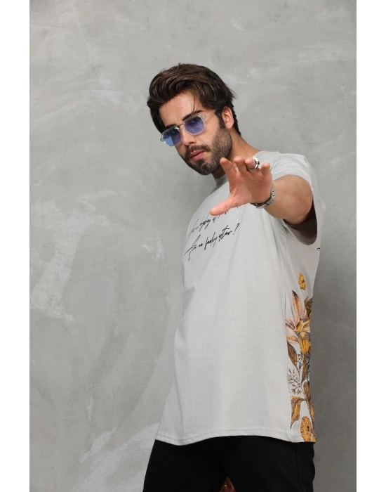 Bisiklet Yaka Baskılı Oversize T-Shirt - Gri