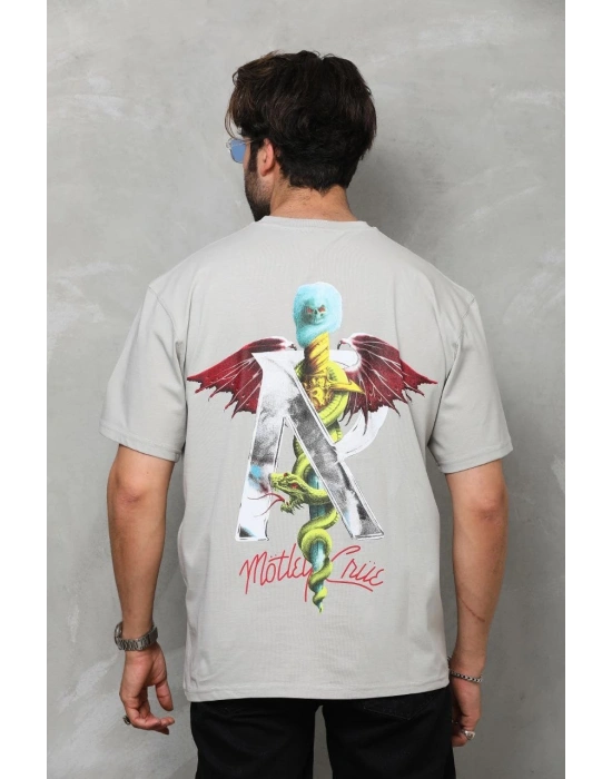 Bisiklet Yaka Baskılı Oversize T-Shirt - Gri -