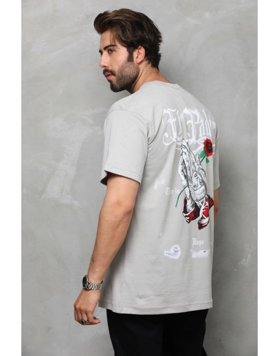 Bisiklet Yaka Baskılı Oversize T-Shirt - Gri -