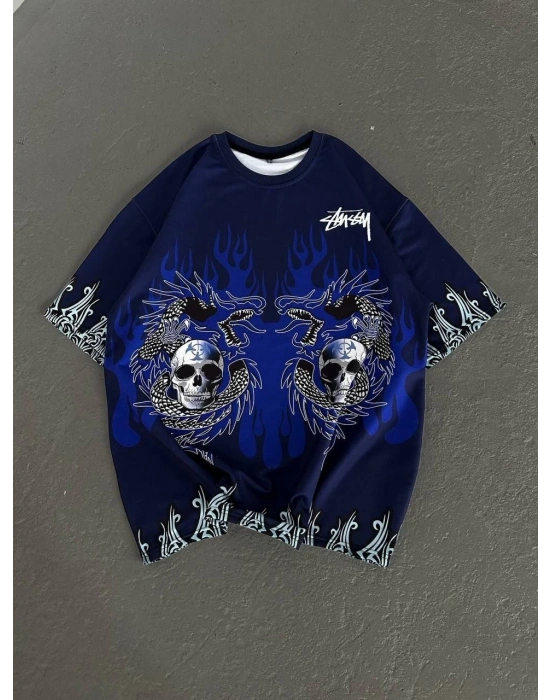 Bisiklet Yaka Baskılı Oversize T-Shirt - Lacivert -