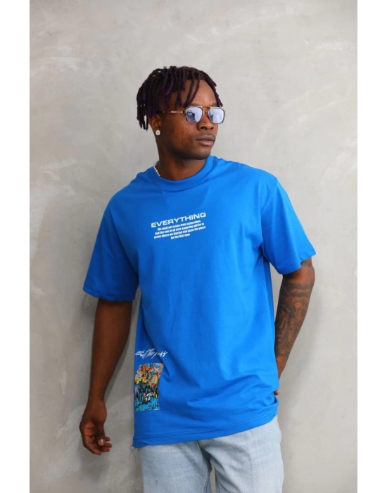 Bisiklet Yaka Baskılı Oversize T-Shirt - Mavi -