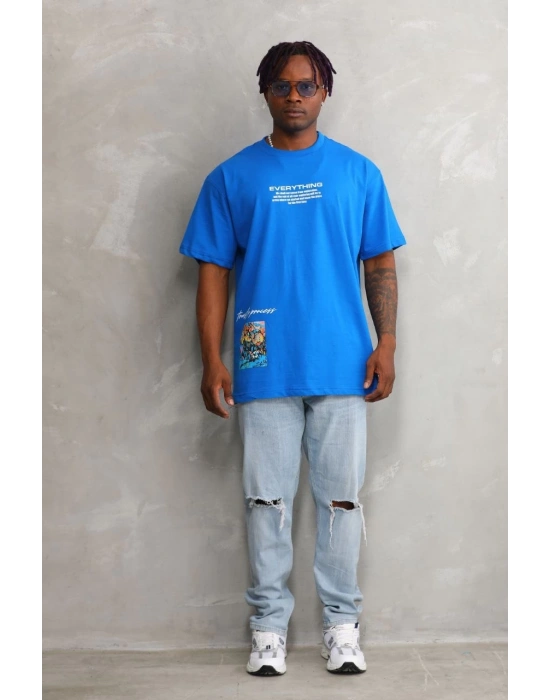Bisiklet Yaka Baskılı Oversize T-Shirt - Mavi -