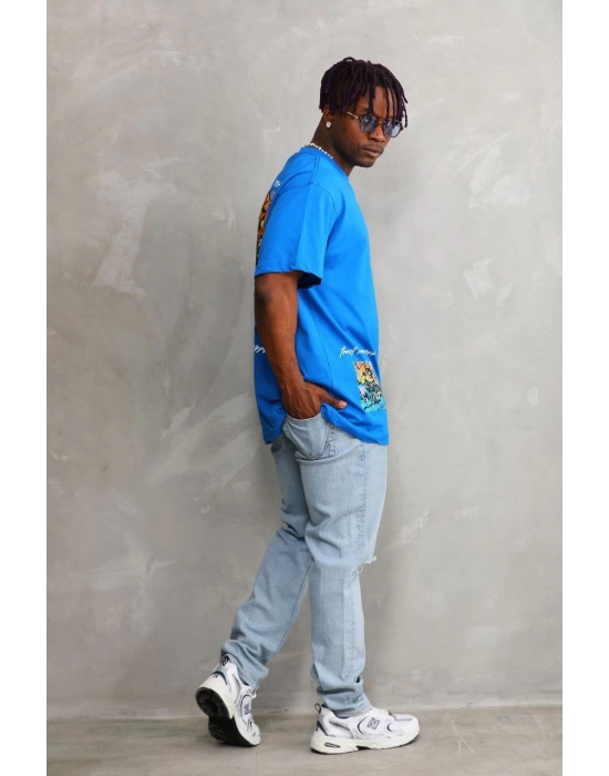 Bisiklet Yaka Baskılı Oversize T-Shirt - Mavi -