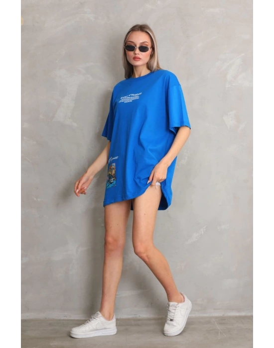 Bisiklet Yaka Baskılı Oversize T-Shirt - Mavi -