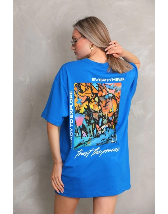 Bisiklet Yaka Baskılı Oversize T-Shirt - Mavi -