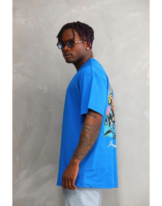 Bisiklet Yaka Baskılı Oversize T-Shirt - Mavi -