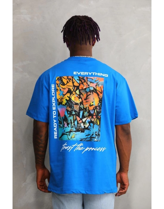 Bisiklet Yaka Baskılı Oversize T-Shirt - Mavi -