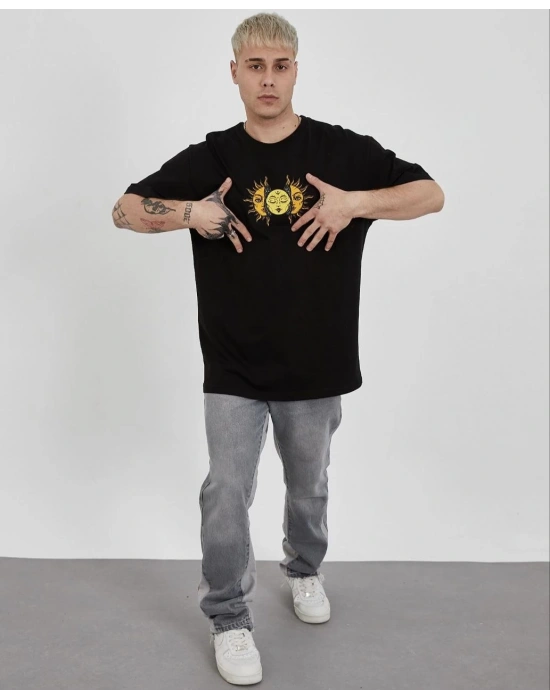 Bisiklet Yaka Baskılı Oversize T-Shirt - Siyah -