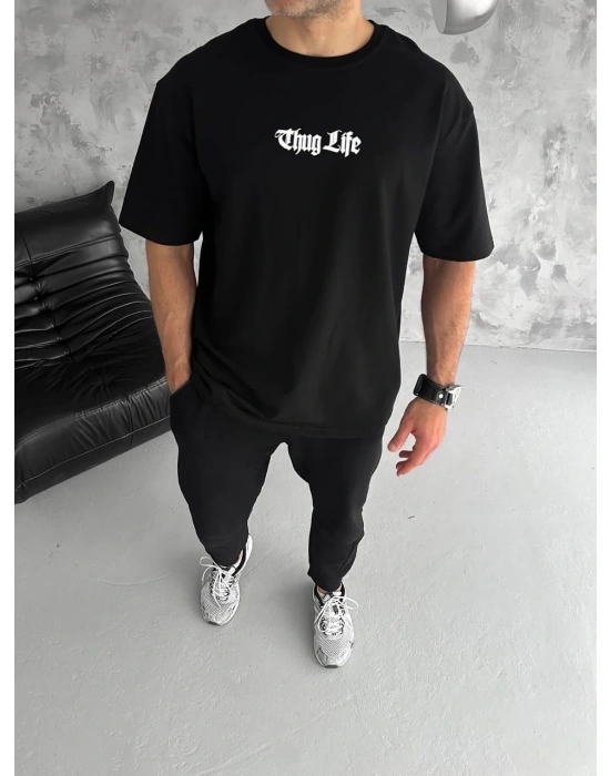 Bisiklet Yaka Baskılı Oversize T-Shirt - Siyah -