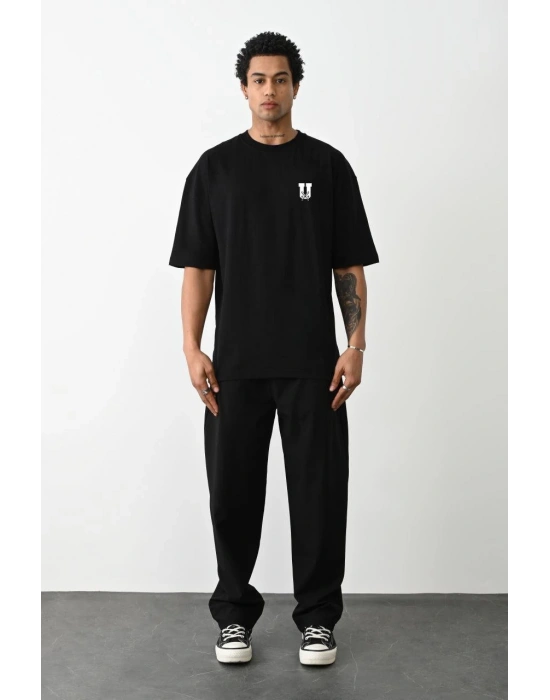 Bisiklet Yaka Baskılı Oversize T-Shirt - Siyah -