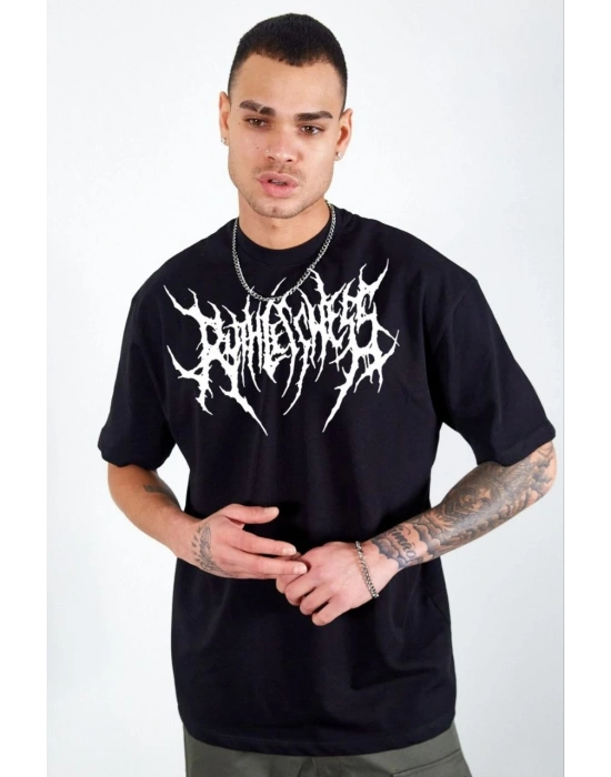 Bisiklet Yaka Baskılı Oversize T-Shirt - Siyah -