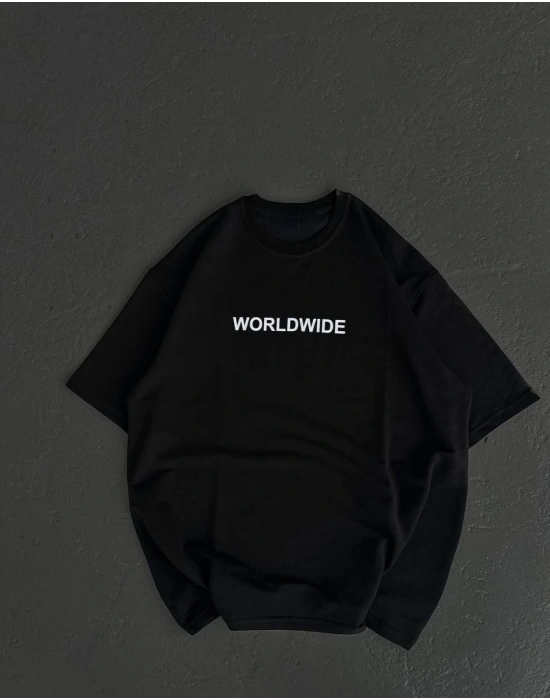 Bisiklet Yaka Baskılı Oversize T-Shirt - Siyah -