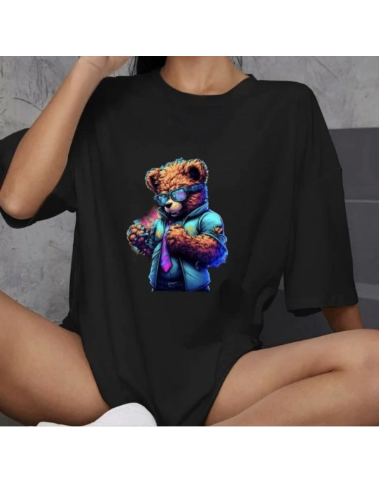 Bisiklet Yaka Baskılı Oversize T-Shirt - Siyah -