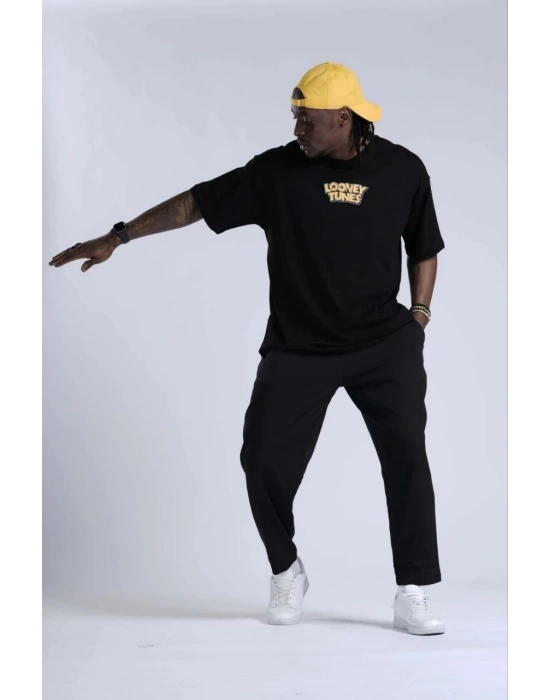 Bisiklet Yaka Baskılı Oversize T-Shirt - Siyah -