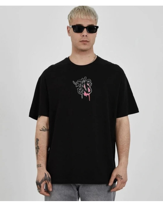 Bisiklet Yaka Baskılı Oversize T-Shirt - Siyah