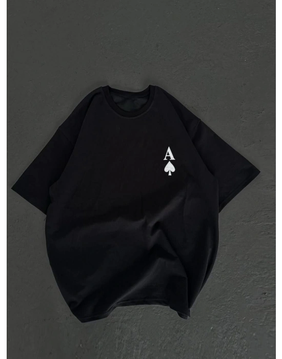 Bisiklet Yaka Baskılı Oversize T-Shirt - Siyah -