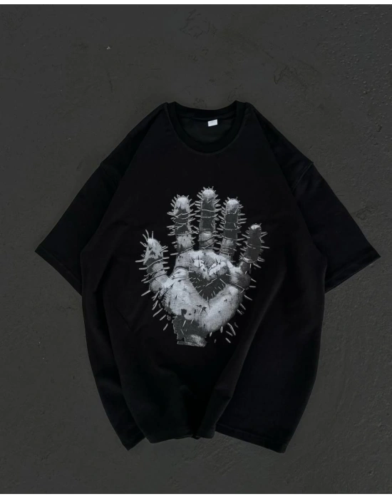 Bisiklet Yaka Baskılı Oversize T-Shirt - Siyah -