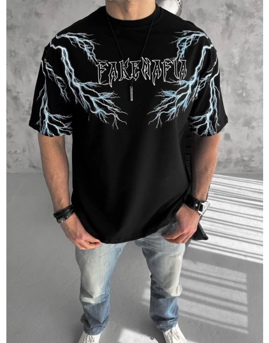 Bisiklet Yaka Baskılı Oversize T-Shirt - Siyah -