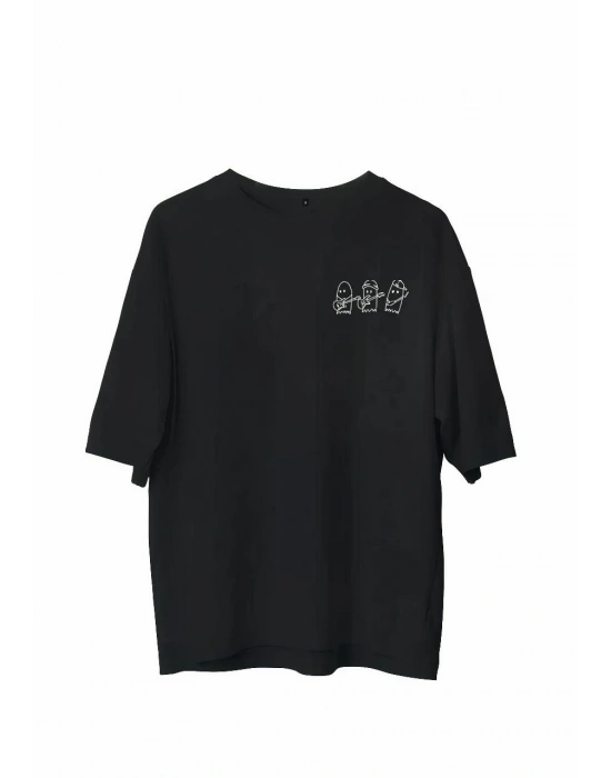 Bisiklet Yaka Baskılı Oversize T-Shirt - Siyah -