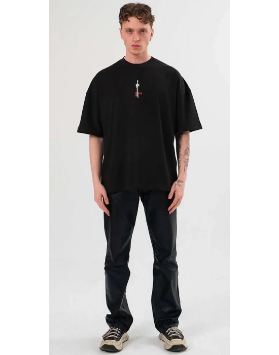 Bisiklet Yaka Baskılı Oversize T-Shirt - Siyah -