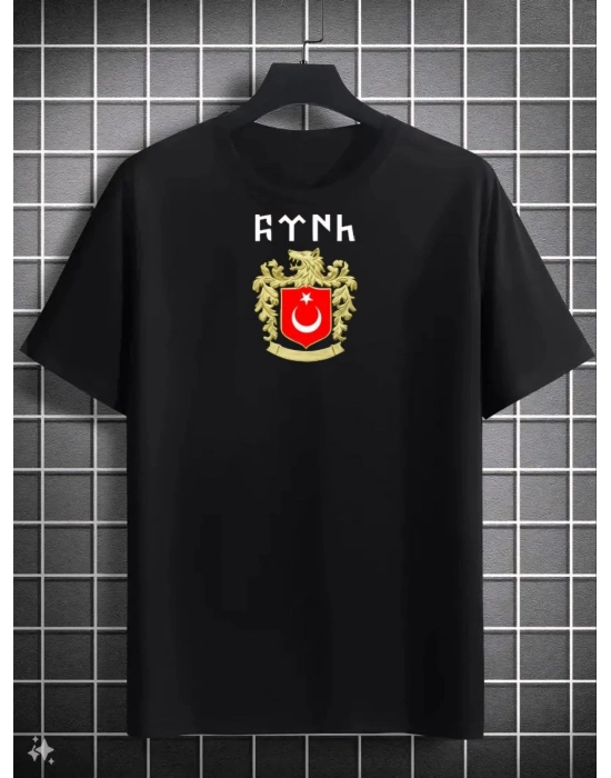 Bisiklet Yaka Baskılı Oversize T-Shirt - Siyah -