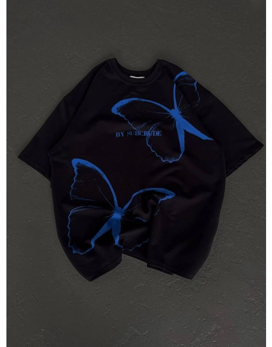 Bisiklet Yaka Baskılı Oversize T-Shirt - Siyah