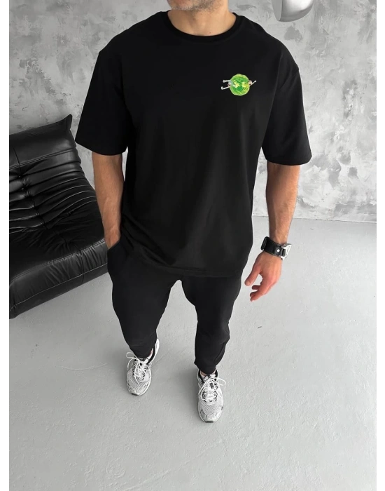 Bisiklet Yaka Baskılı Oversize T-Shirt - Siyah -