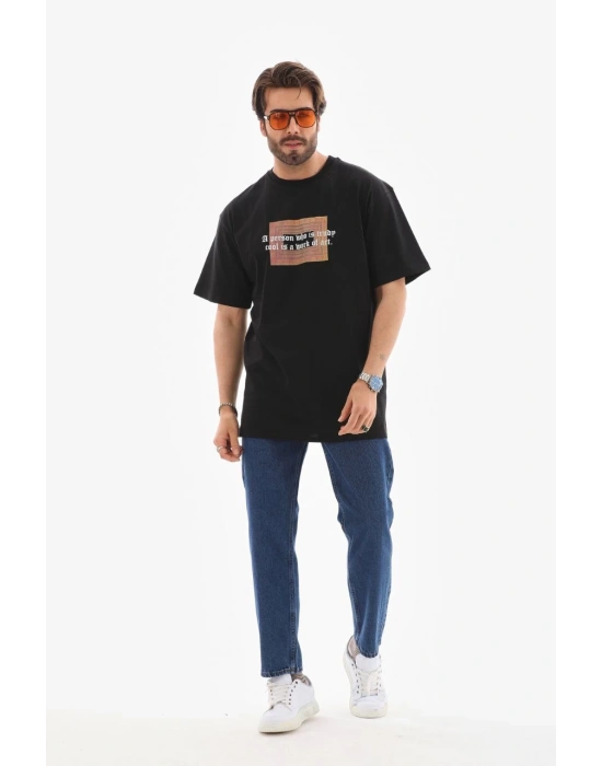 Bisiklet Yaka Baskılı Oversize T-Shirt - Siyah -