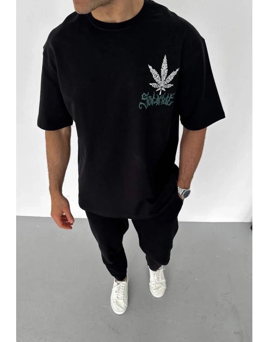 Bisiklet Yaka Baskılı Oversize T-Shirt - Siyah -