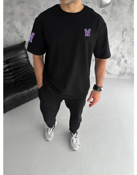 Bisiklet Yaka Baskılı Oversize T-Shirt - Siyah